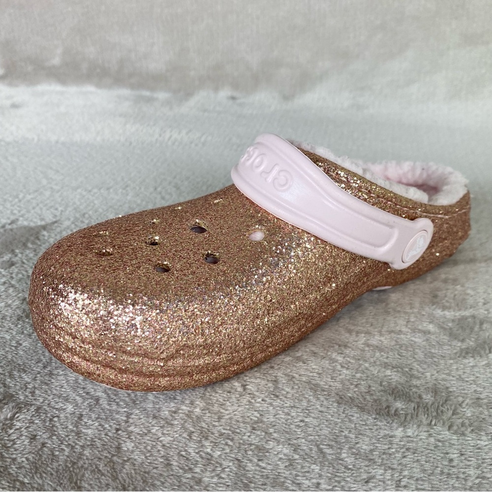 CROCS Classic Glitter Girls Kids Clogs Sandals Size 3 Pink Gold Slip On Shoe NEW - Picture 6 of 11